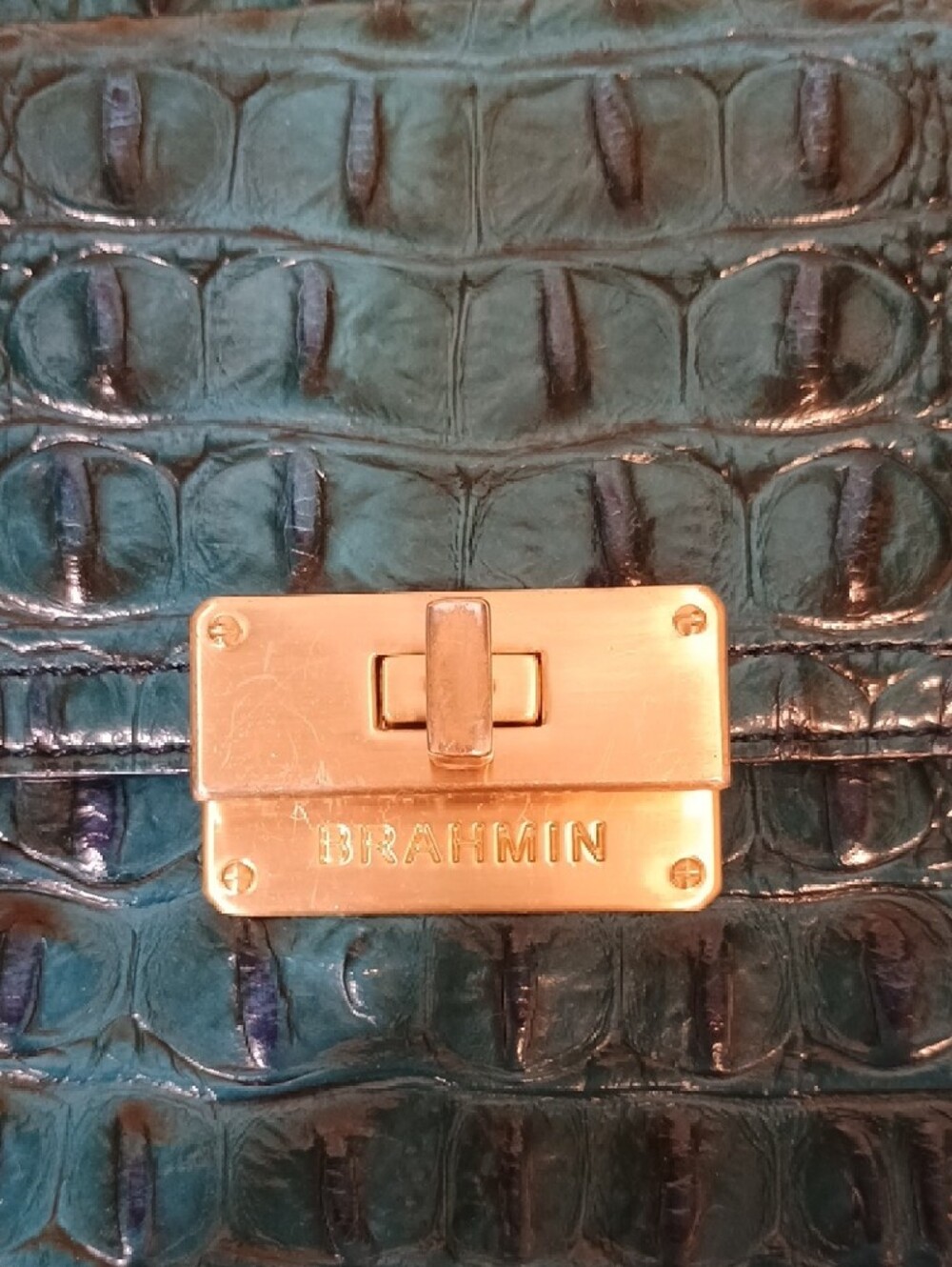 Brahmin Mimosa - Teal Croc-Embossed Leather Crossbody with Gold Hardware - Picture 2 of 7